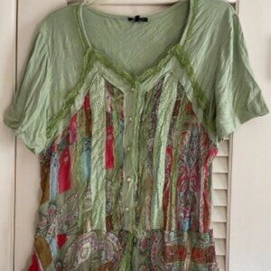 Spring Green Laced Crinkle Woman Italian Design Summer Top Size US L